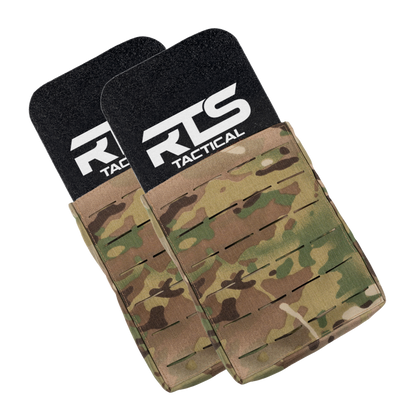 Dual tactical pouches in camouflage pattern, each holding an RTS Tactical plate with a prominent white logo.