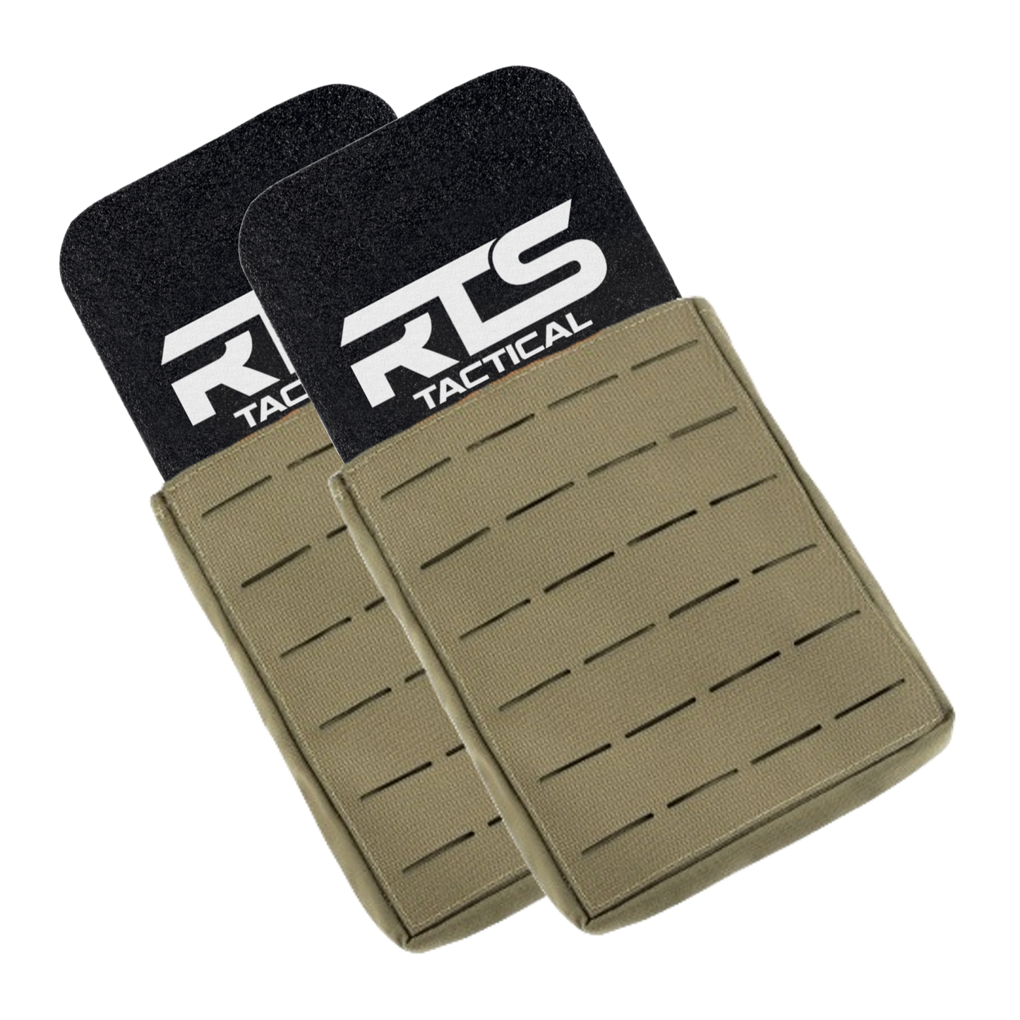 Two olive green tactical pouches with slotted designs overlap slightly, featuring "RTS Tactical" logo in bold white letters.