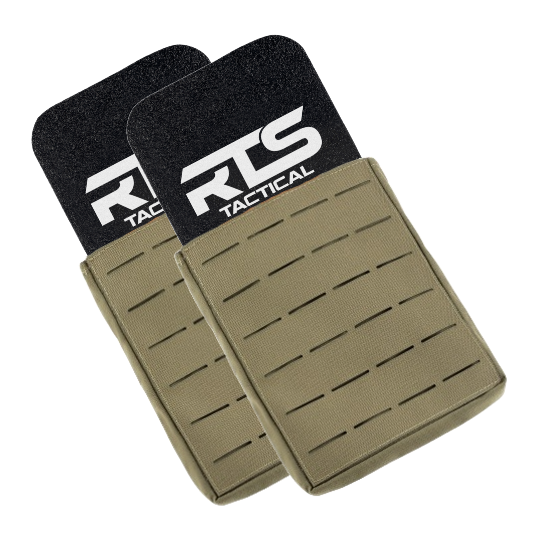 Two olive green tactical pouches with slotted designs overlap slightly, featuring "RTS Tactical" logo in bold white letters.
