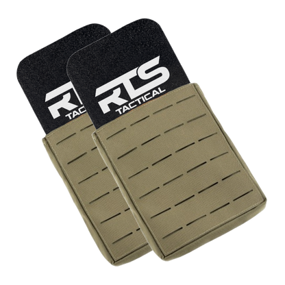 Two olive green tactical pouches with slotted designs overlap slightly, featuring "RTS Tactical" logo in bold white letters.