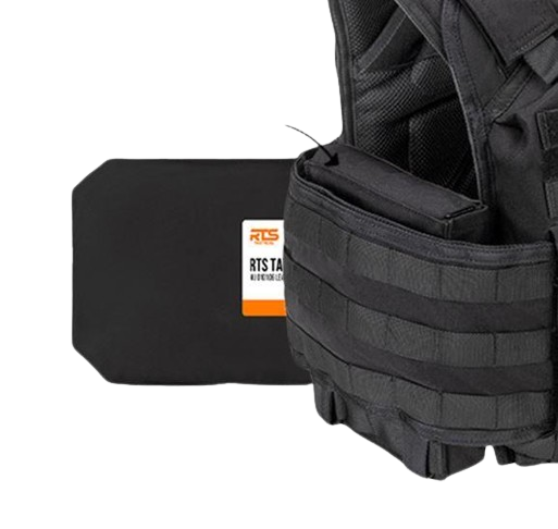 Black tactical vest with multiple pockets, featuring a robust military design. It is displayed with an adjacent ballistic plate.
