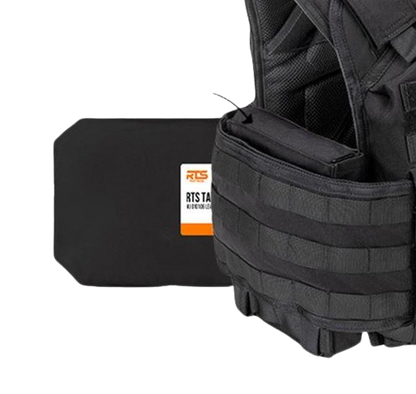 Black tactical vest with multiple pockets, featuring a robust military design. It is displayed with an adjacent ballistic plate.