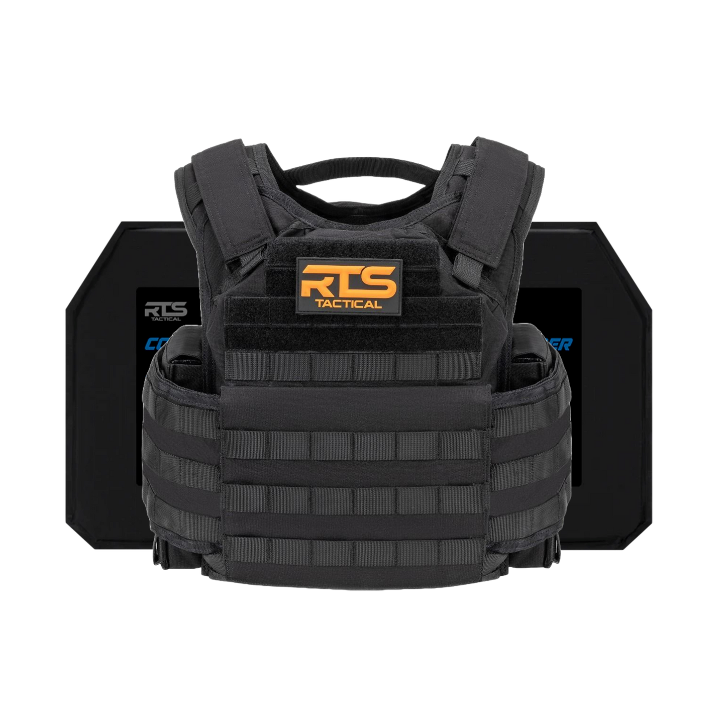 Black tactical vest with orange "RTS Tactical" label on front, featuring adjustable shoulder straps and MOLLE webbing. Two black armor plates are behind it.