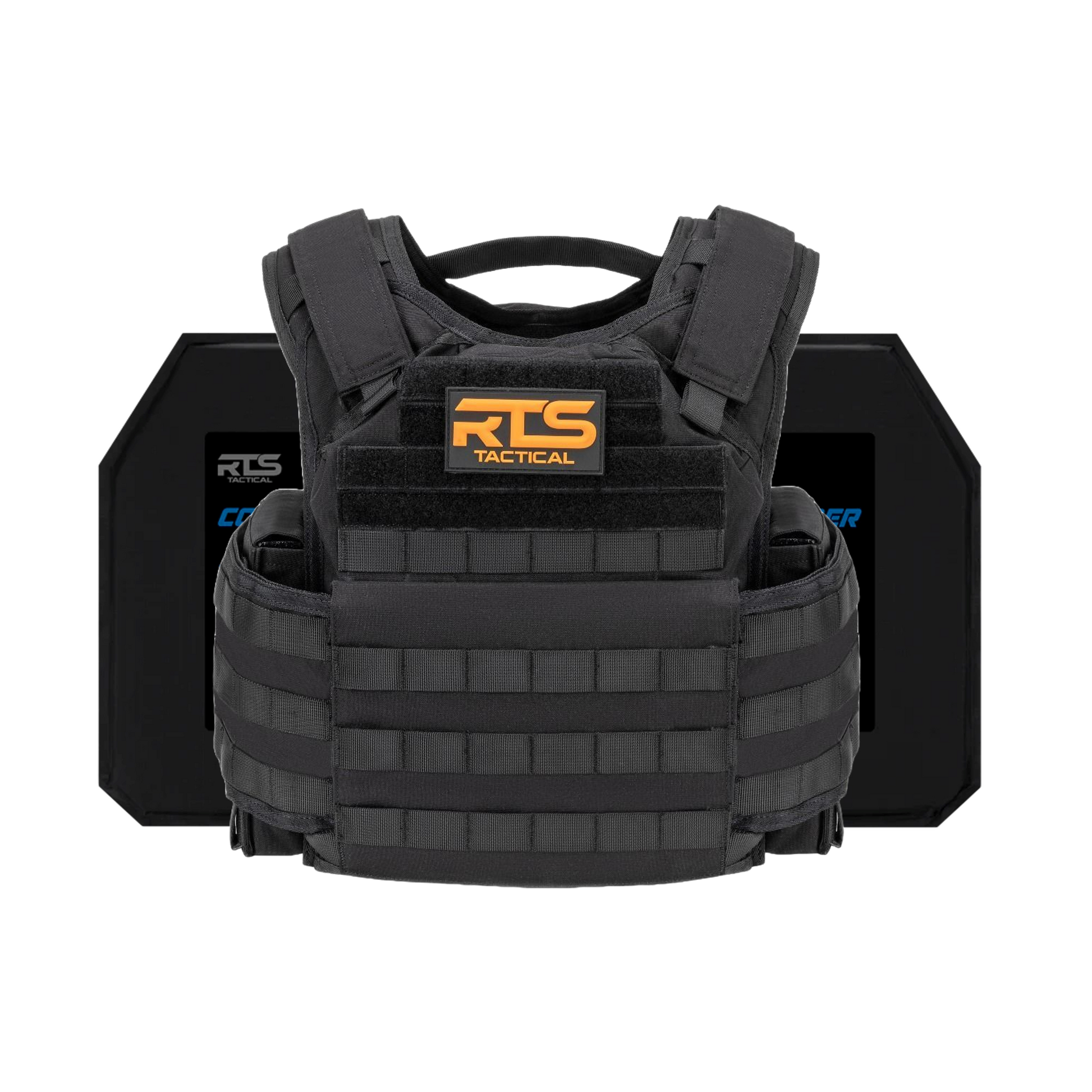 Black tactical vest with orange "RTS Tactical" label on front, featuring adjustable shoulder straps and MOLLE webbing. Two black armor plates are behind it.