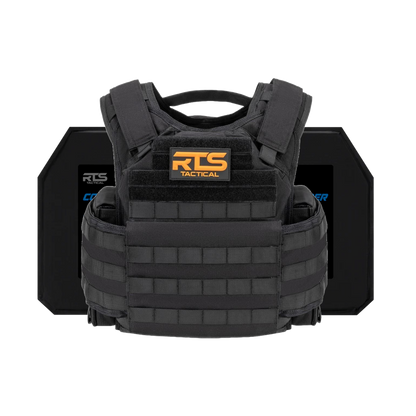 Black tactical vest with orange "RTS Tactical" label on front, featuring adjustable shoulder straps and MOLLE webbing. Two black armor plates are behind it.