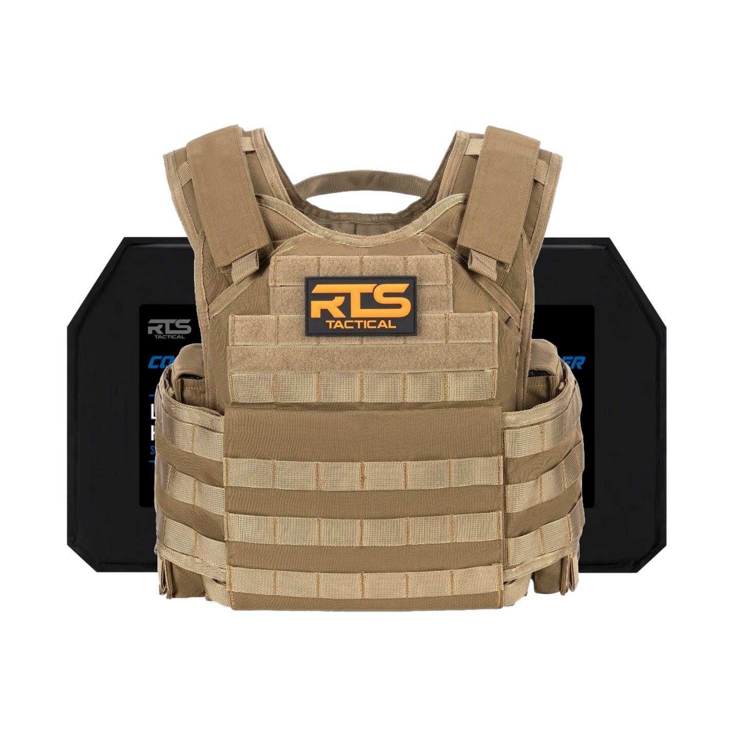Tan tactical vest with RTS logo in front of two black armor plates. Vest features adjustable straps and Molle webbing, conveying durability and protection.