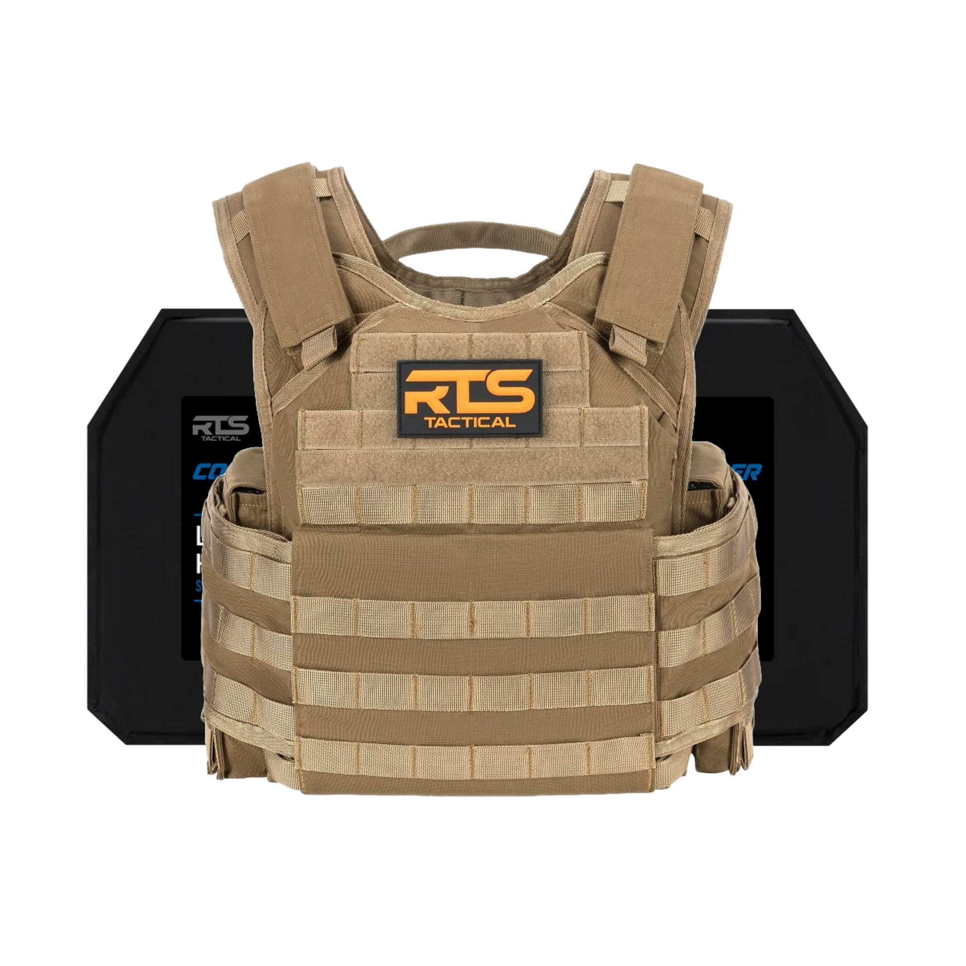 Tan tactical vest with RTS logo in front of two black armor plates. Vest features adjustable straps and Molle webbing, conveying durability and protection.