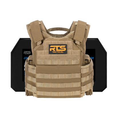 Tan tactical vest with RTS logo in front of two black armor plates. Vest features adjustable straps and Molle webbing, conveying durability and protection.