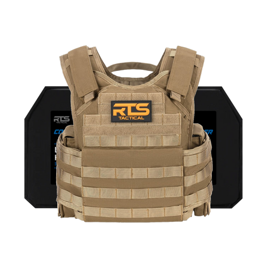 Tan tactical vest with RTS logo in front of two black armor plates. Vest features adjustable straps and Molle webbing, conveying durability and protection.