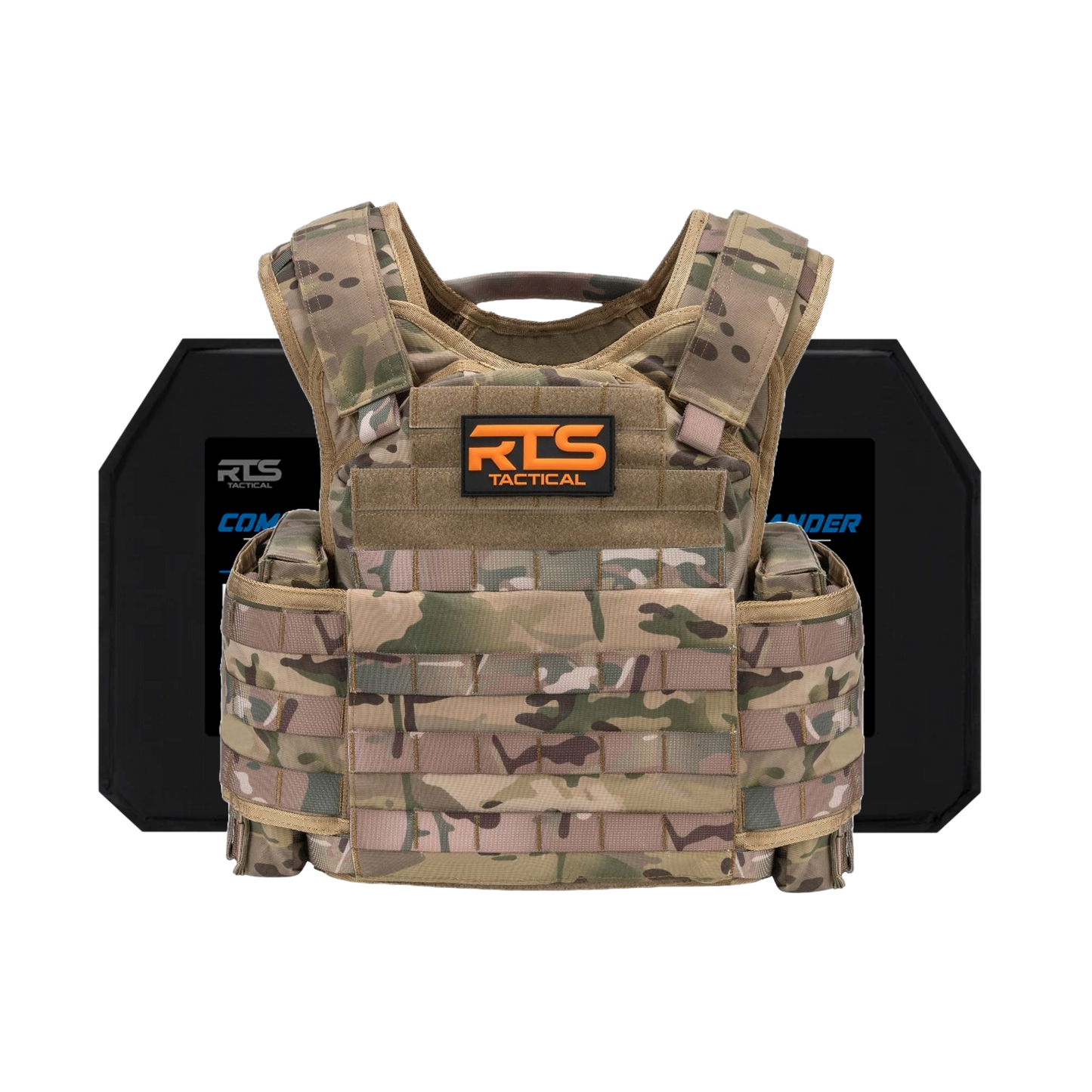 Camouflage tactical vest with an orange "RTS Tactical" logo on the chest, accompanied by black protective plates in the background.