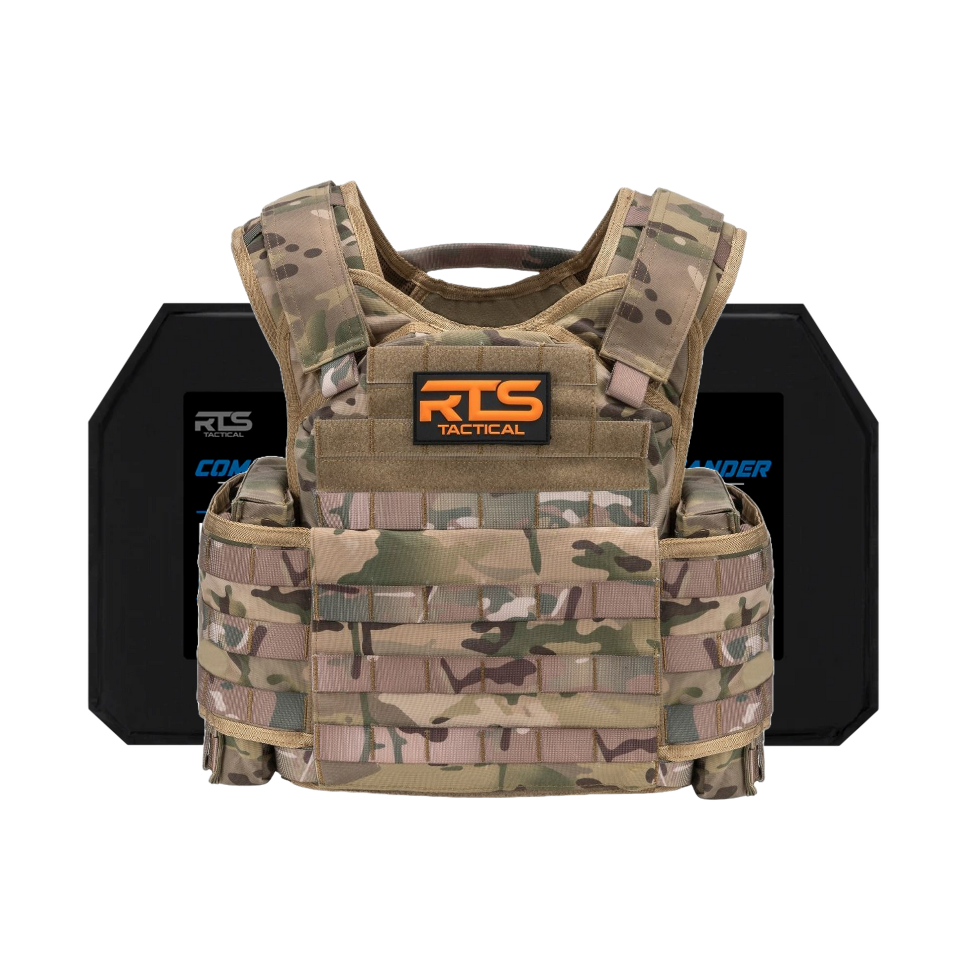 Camouflage tactical vest with an orange "RTS Tactical" logo on the chest, accompanied by black protective plates in the background.