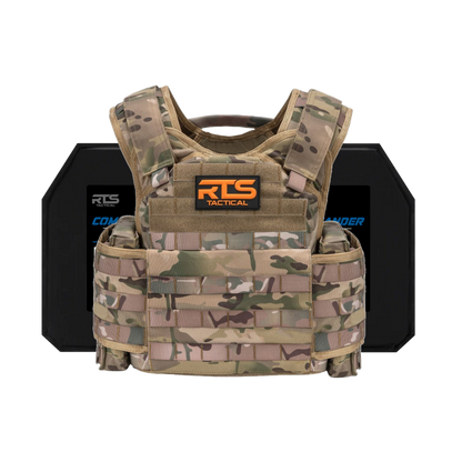 Camouflage tactical vest with an orange "RTS Tactical" logo on the chest, accompanied by black protective plates in the background.