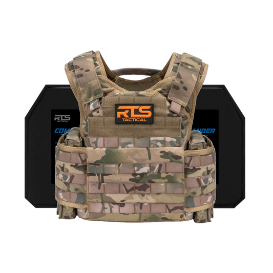 Camouflage tactical vest with an orange "RTS Tactical" logo on the chest, accompanied by black protective plates in the background.
