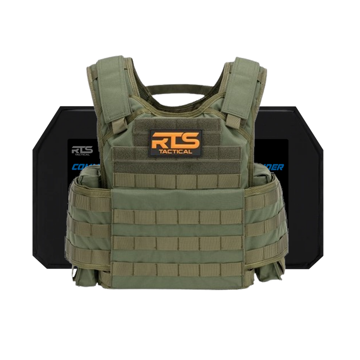 Green tactical vest with modular webbing and an "RTS Tactical" logo in orange. Behind it are two black armor plates with blue text.