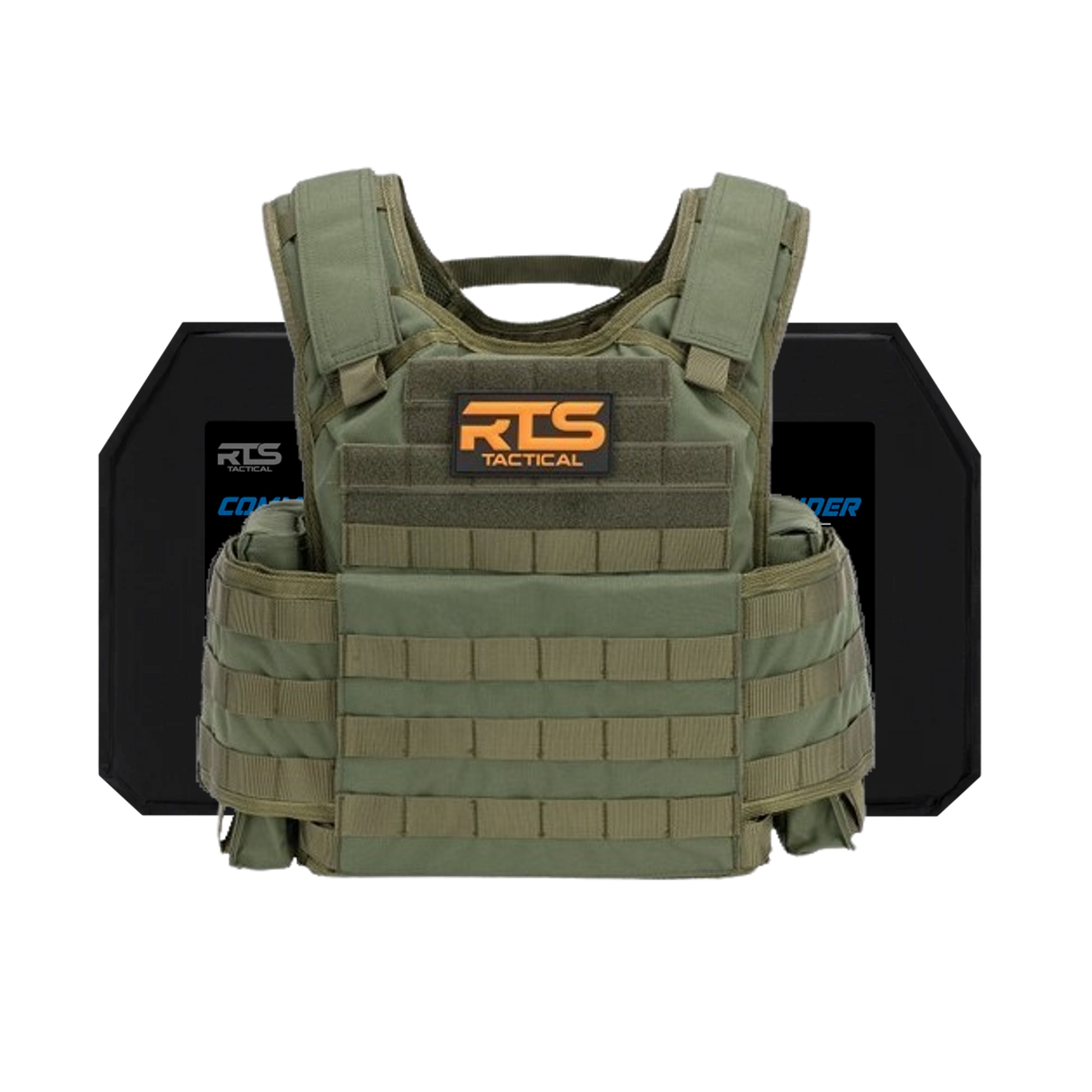 Green tactical vest with modular webbing and an "RTS Tactical" logo in orange. Behind it are two black armor plates with blue text.
