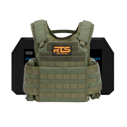 Green tactical vest with modular webbing and an "RTS Tactical" logo in orange. Behind it are two black armor plates with blue text.