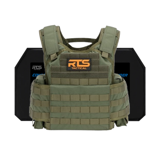 Ranger green tactical plate carrier featuring front MOLLE webbing and reinforced shoulder straps, shown without armor plates