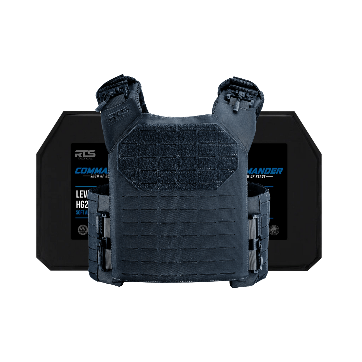 Blue tactical vest with Velcro front panel and adjustable straps, positioned in front of two rigid ballistic plates.