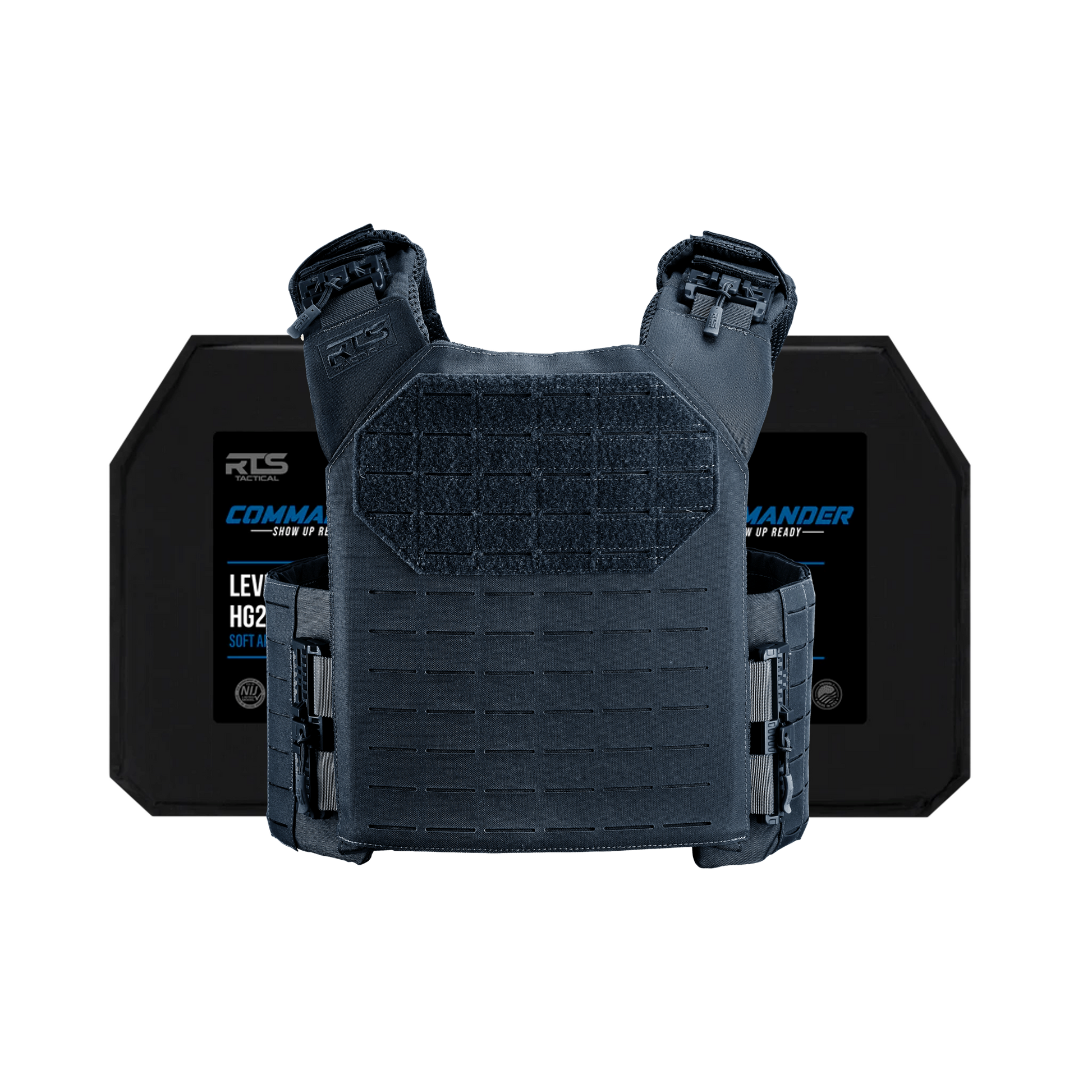 Blue tactical vest with Velcro front panel and adjustable straps, positioned in front of two rigid ballistic plates.