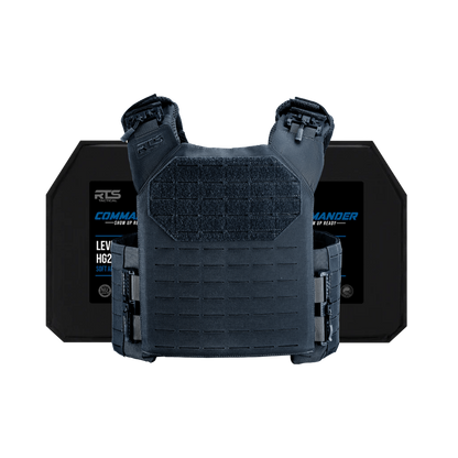 Blue tactical vest with Velcro front panel and adjustable straps, positioned in front of two rigid ballistic plates.