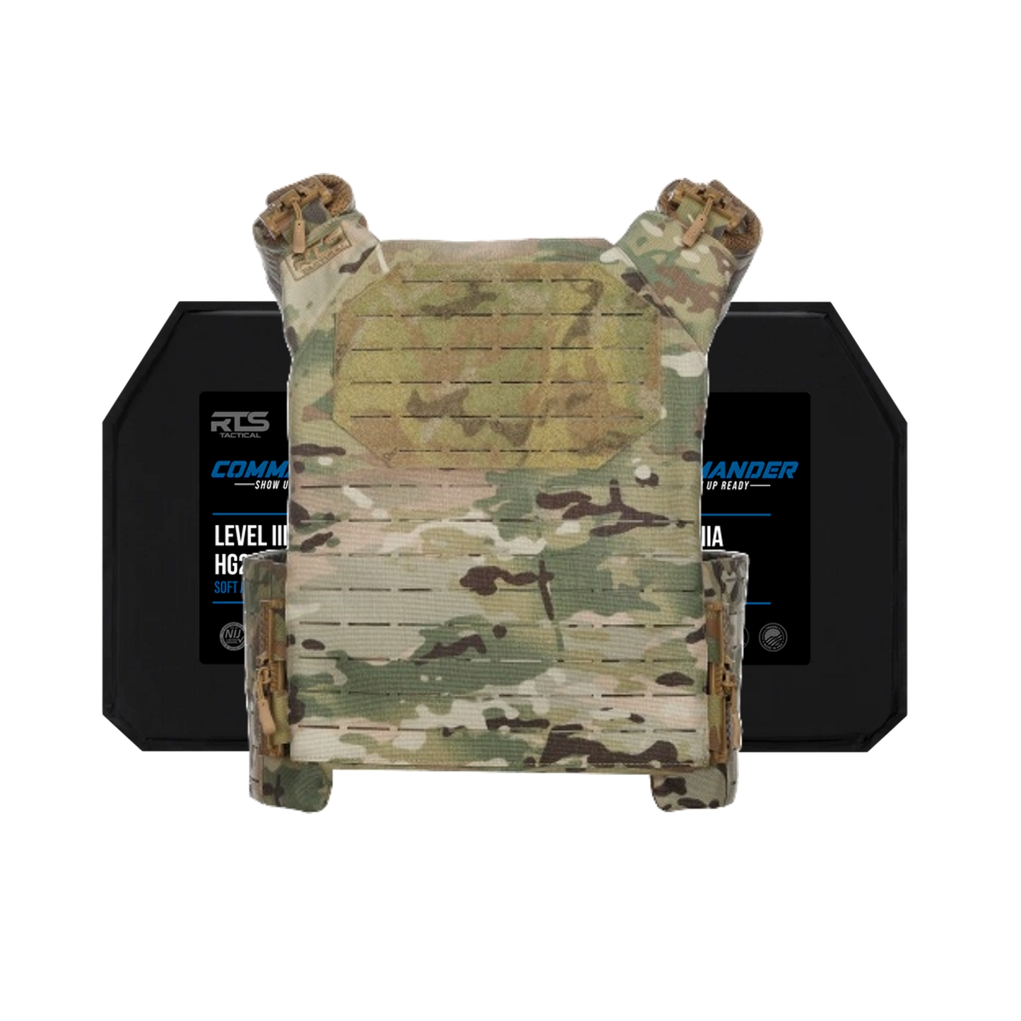 A camouflage tactical vest is displayed against a black background, with dark armor inser panels visible behind it.