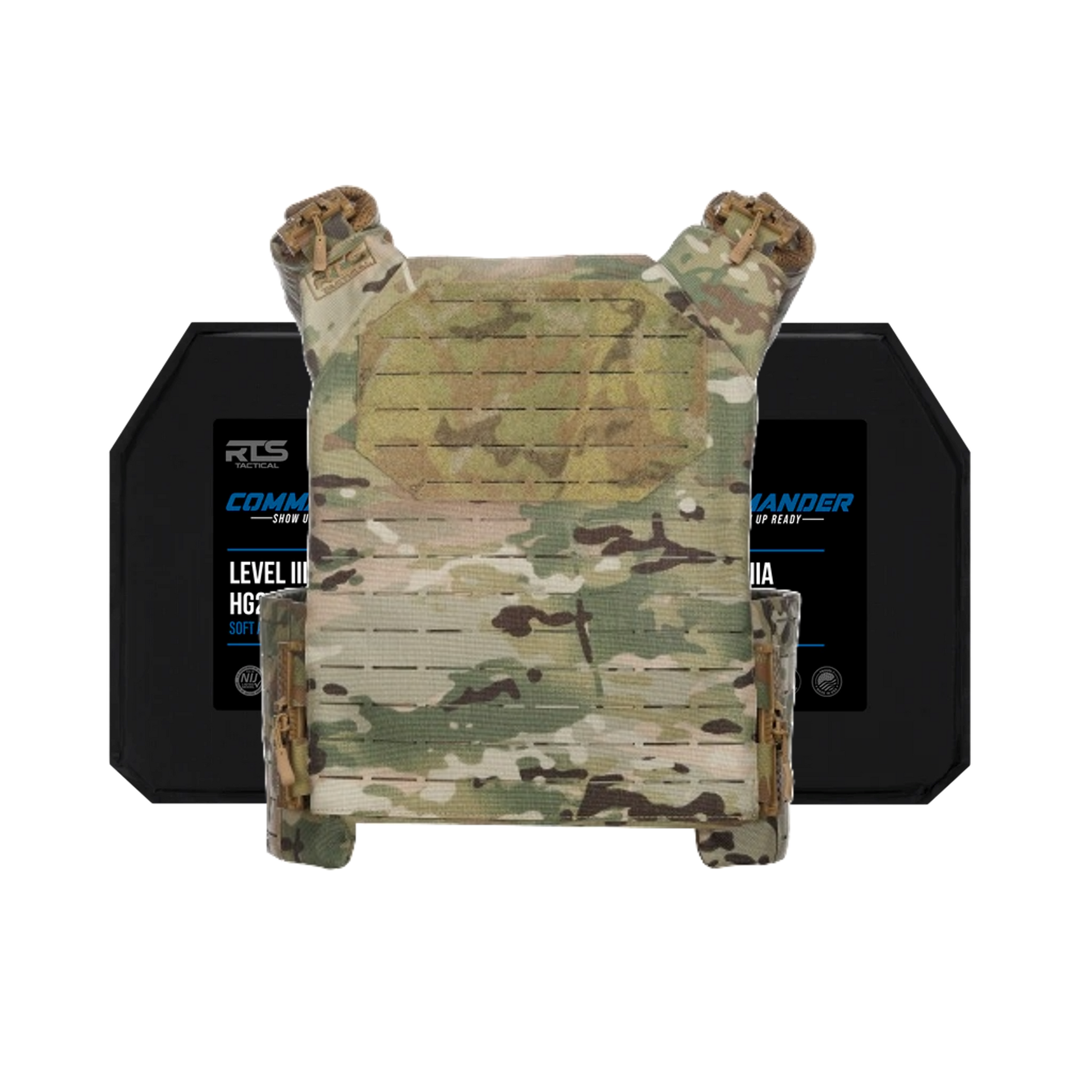 A camouflage tactical vest is displayed against a black background, with dark armor inser panels visible behind it.