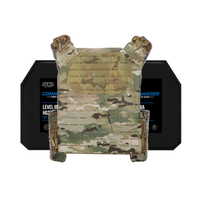 A camouflage tactical vest is displayed against a black background, with dark armor inser panels visible behind it.