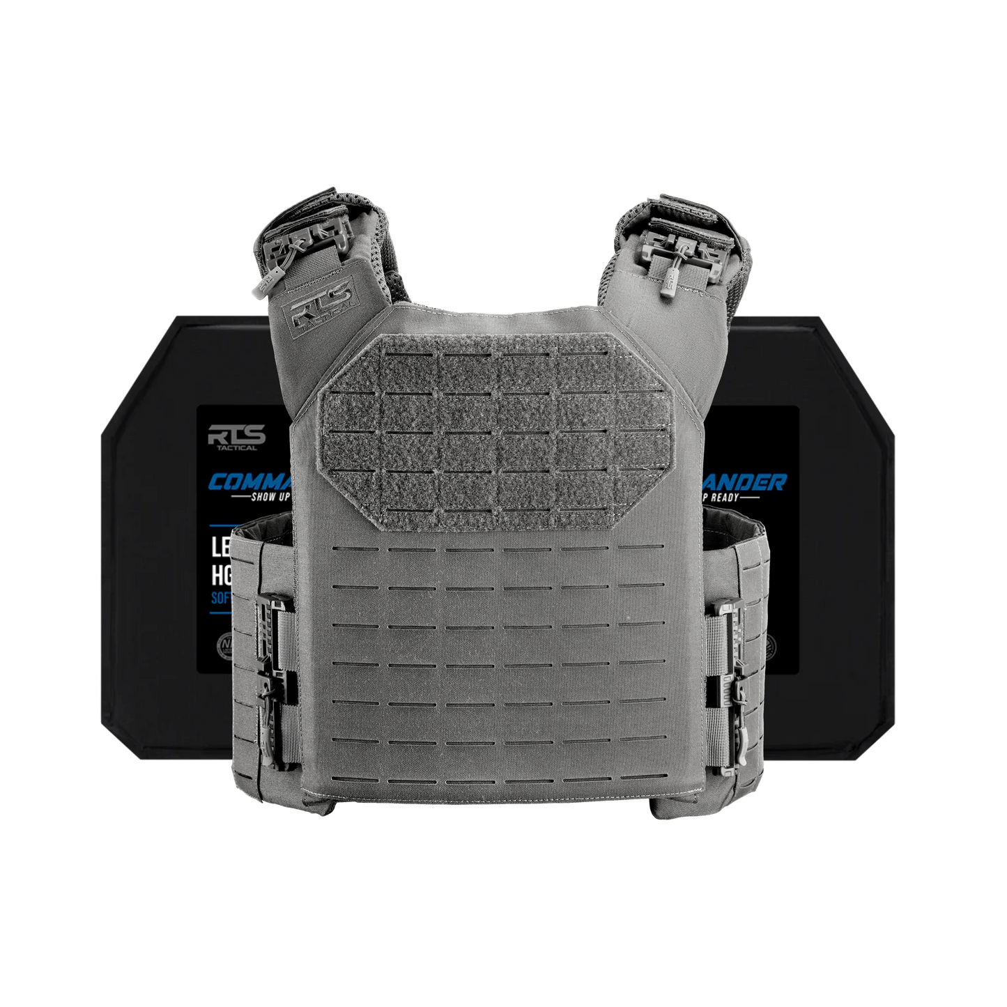 A gray tactical vest is positioned in front of two dark protective plates. The image conveys a sense of strength and preparedness.