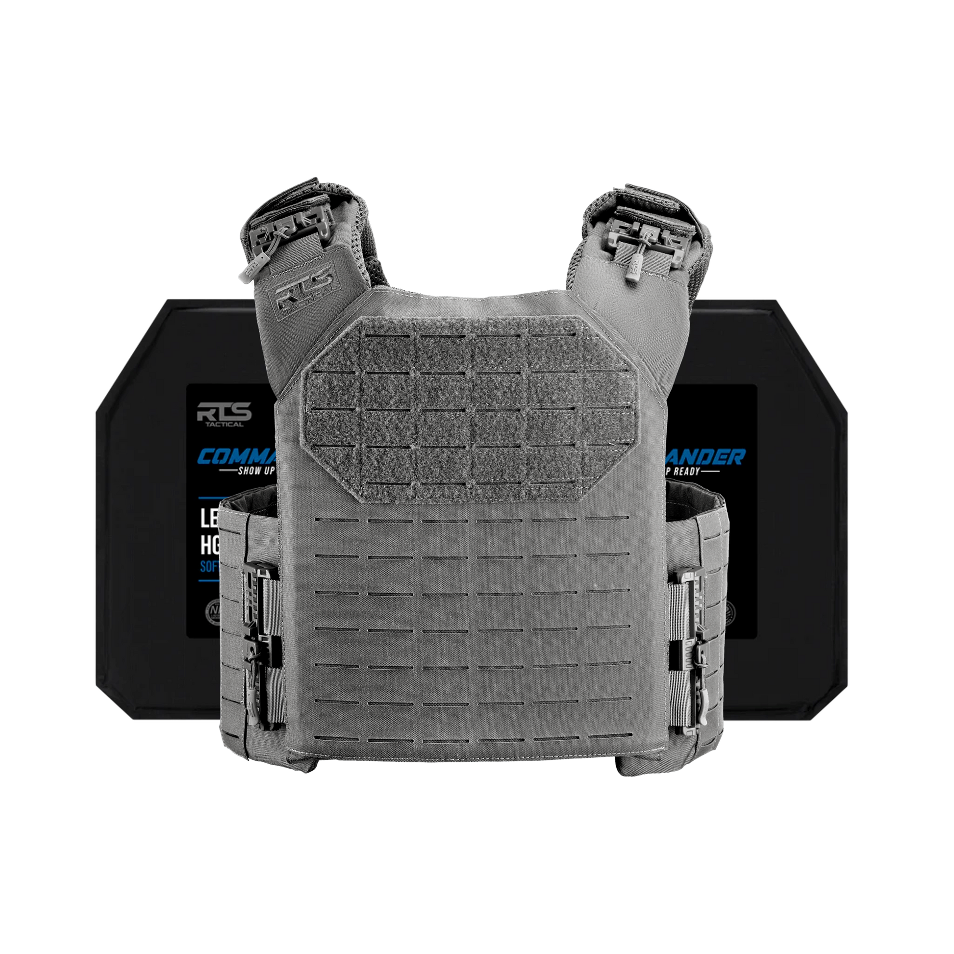 A gray tactical vest is positioned in front of two dark protective plates. The image conveys a sense of strength and preparedness.