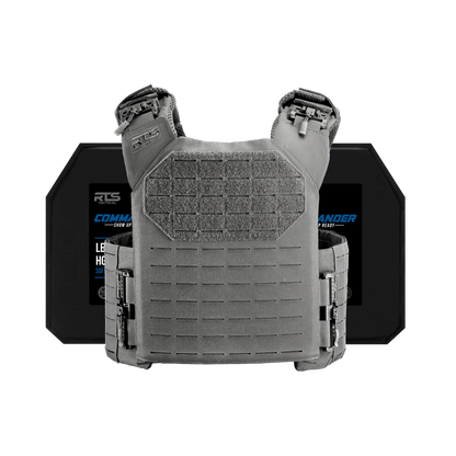 A gray tactical vest is positioned in front of two dark protective plates. The image conveys a sense of strength and preparedness.