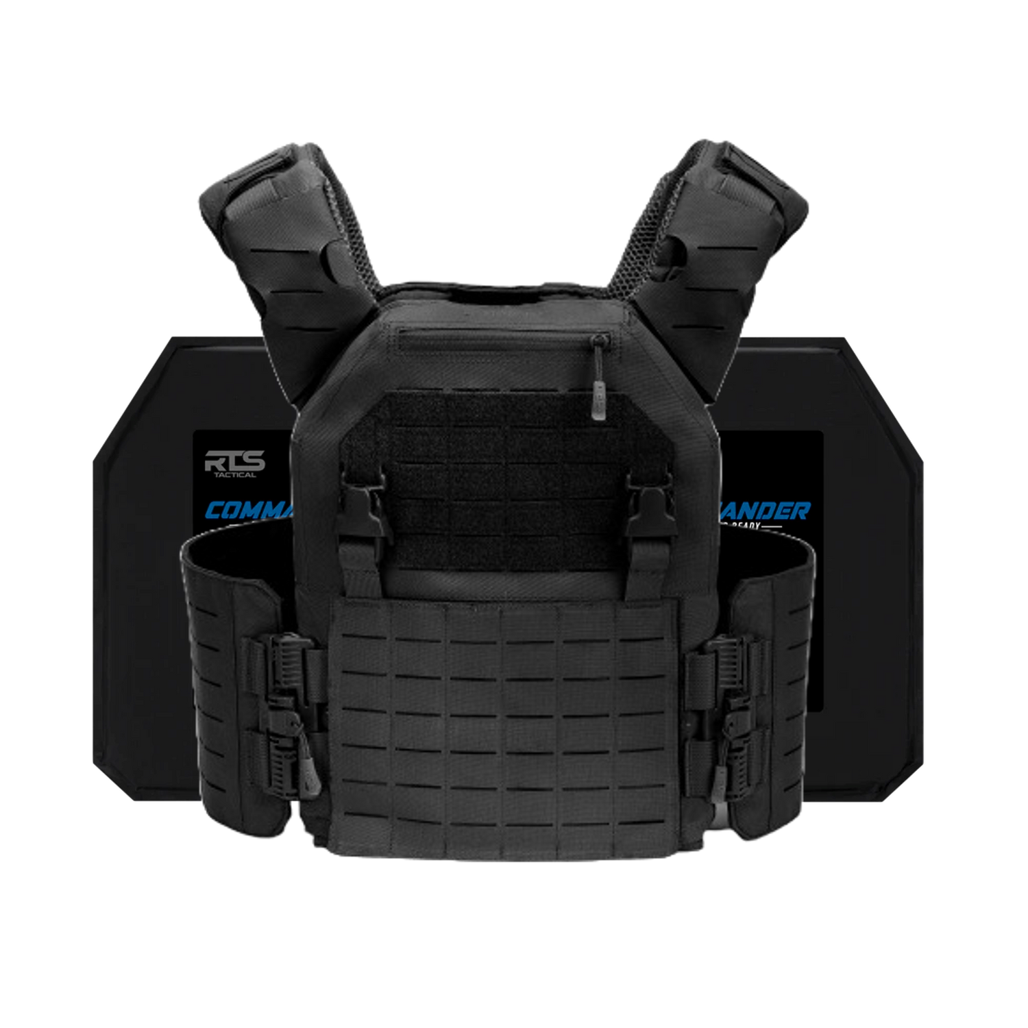 Black tactical vest with padded shoulder straps and multiple buckles is shown in front of two ballistic plates. The vest has a rugged, protective design.