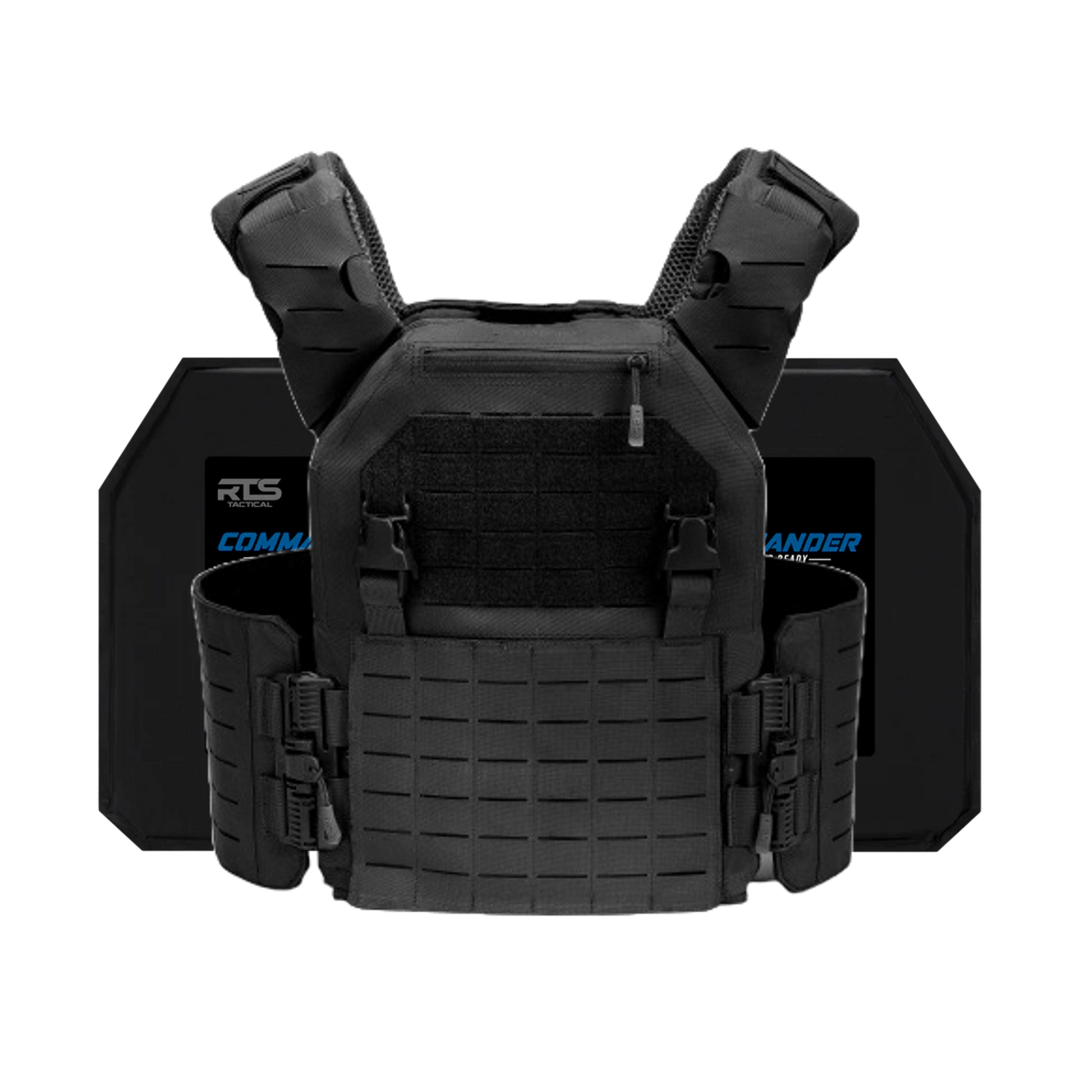 Black tactical vest with padded shoulder straps and multiple buckles is shown in front of two ballistic plates. The vest has a rugged, protective design.