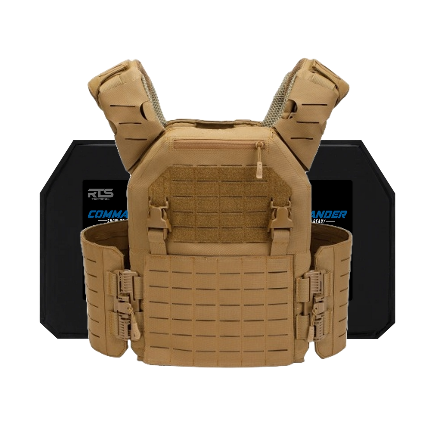 Tan tactical vest with reinforced shoulder pads and side buckles, displayed in front two a black armor plates. The design conveys protection and utility.