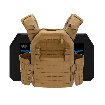 Tan tactical vest with reinforced shoulder pads and side buckles, displayed in front two a black armor plates. The design conveys protection and utility.
