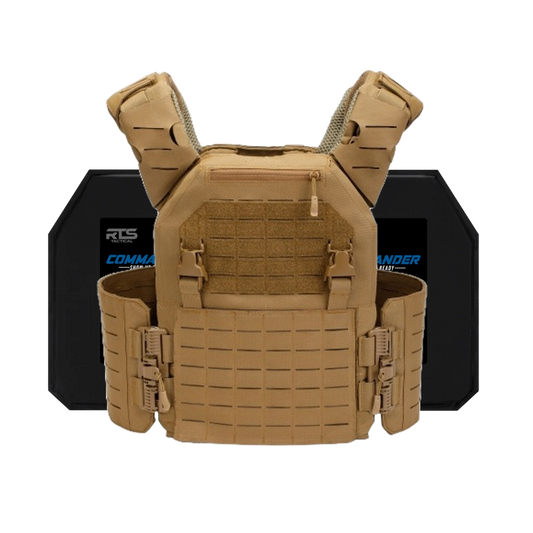 Tan tactical vest with reinforced shoulder pads and side buckles, displayed in front two a black armor plates. The design conveys protection and utility.