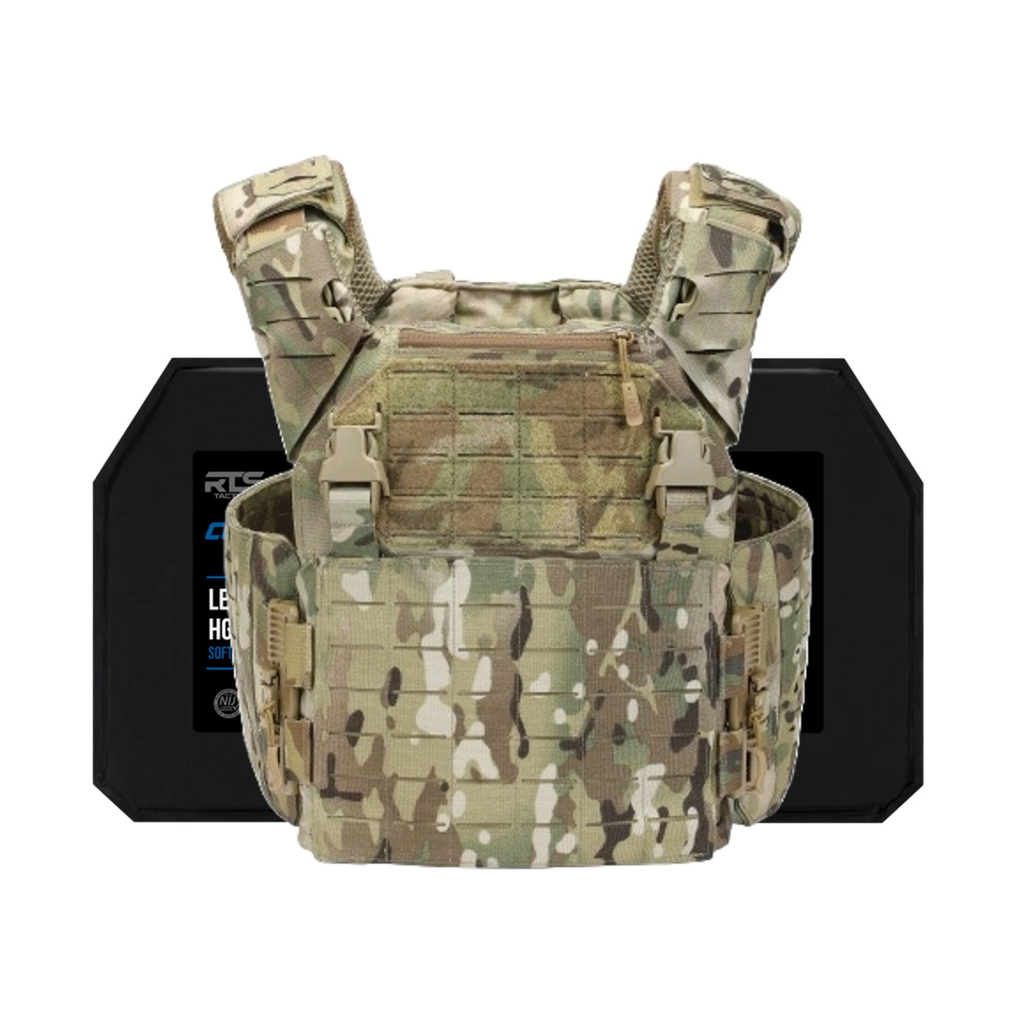 Camouflage tactical vest with a rugged pattern is displayed against a black background. The vest features adjustable straps and MOLLE webbing.