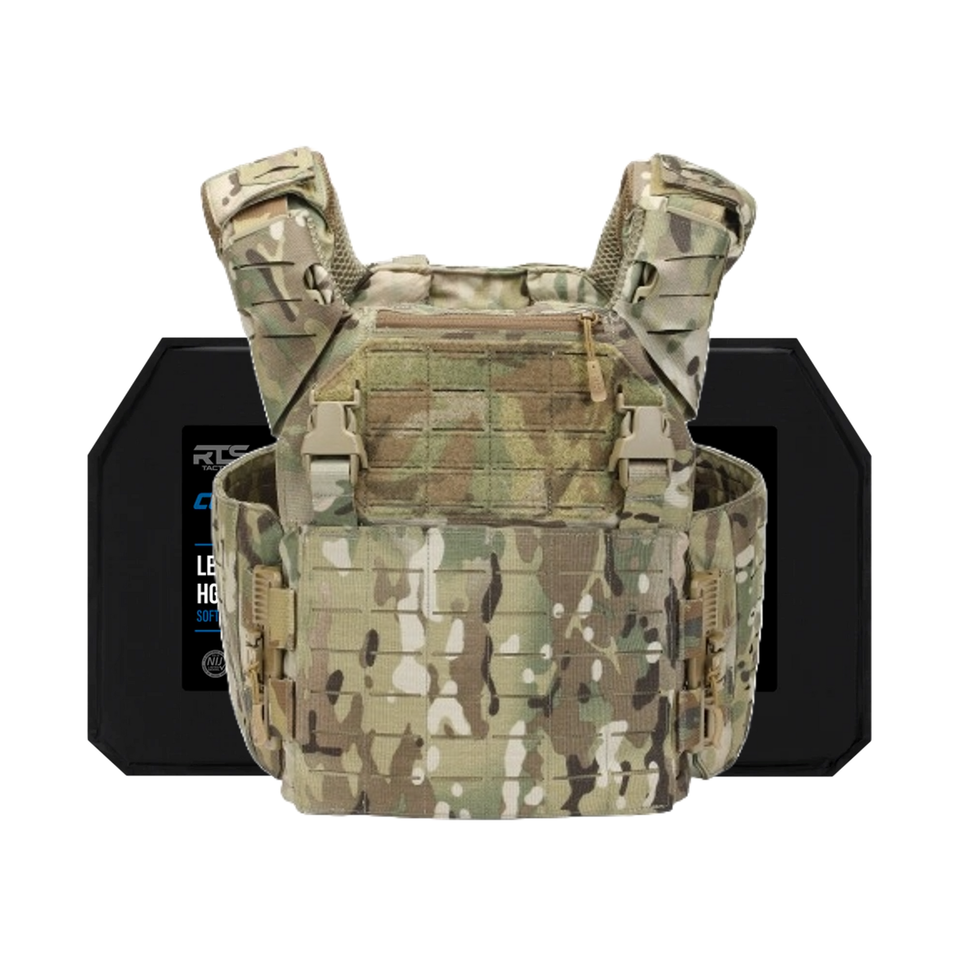 Camouflage tactical vest with a rugged pattern is displayed against a black background. The vest features adjustable straps and MOLLE webbing.