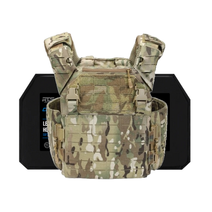 Camouflage tactical vest with a rugged pattern is displayed against a black background. The vest features adjustable straps and MOLLE webbing.
