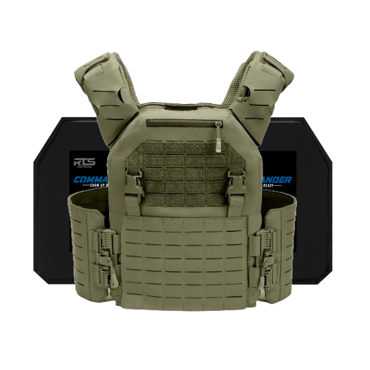A tactical vest in olive green with MOLLE webbing, adjustable straps, and side buckles. Behind it are two black ballistic plates for protection.