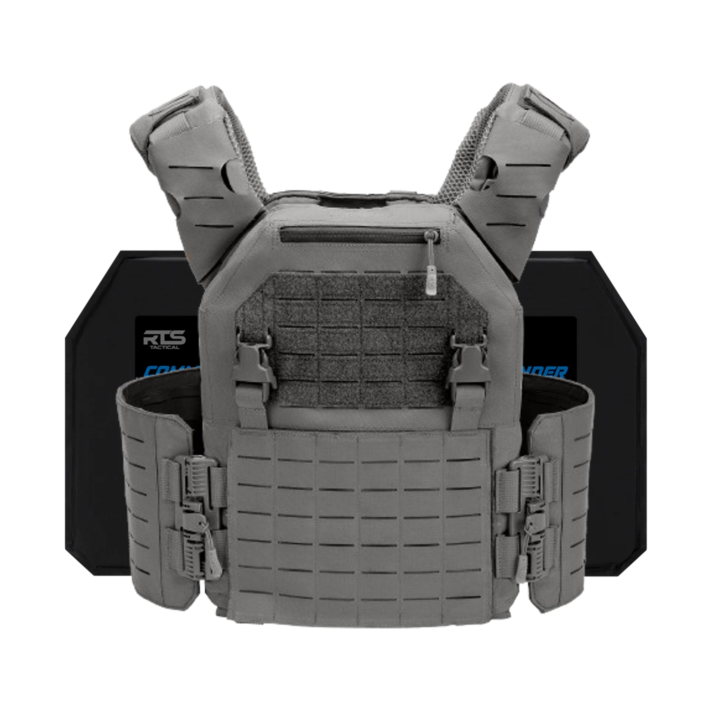 Gray tactical vest with multiple straps and pouches, designed for protection and utility. It conveys a sense of durability and preparedness.