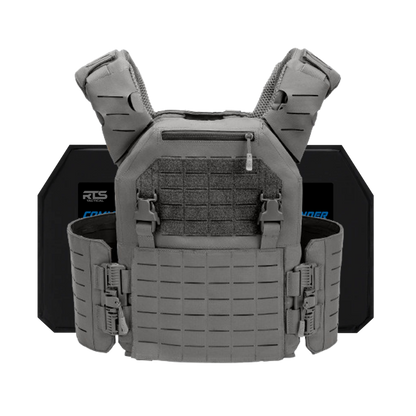 Gray tactical vest with multiple straps and pouches, designed for protection and utility. It conveys a sense of durability and preparedness.