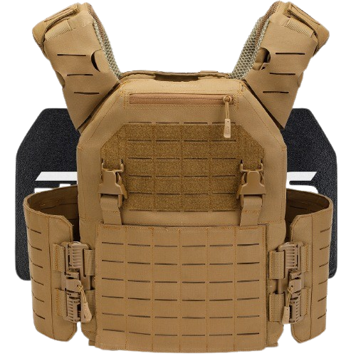 Tactical tan bulletproof plate carrier with multiple secure straps, pockets, and adjustable features, conveying durability and protection.
