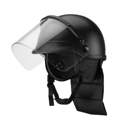 A black riot helmet with a face shield and chin strap.