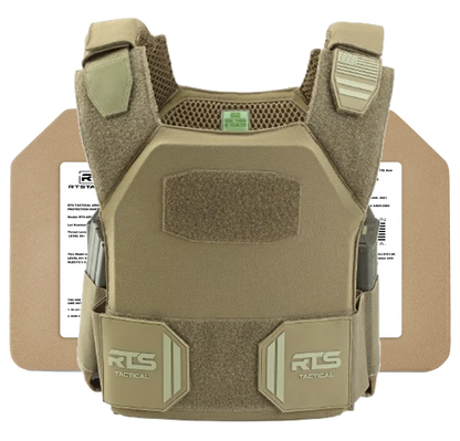 Tactical vest in tan, displaying RTS branding and Velcro straps. Includes protective plates, conveying durability and security. Suitable for defense use.