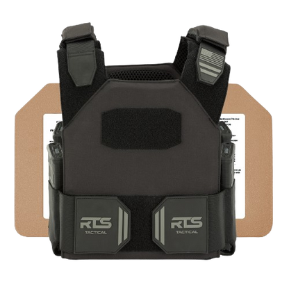 Front view of a black tactical armor vest with visible pockets and "RTS Tactical" branding, placed in front of protective plates. Rugged and durable design.