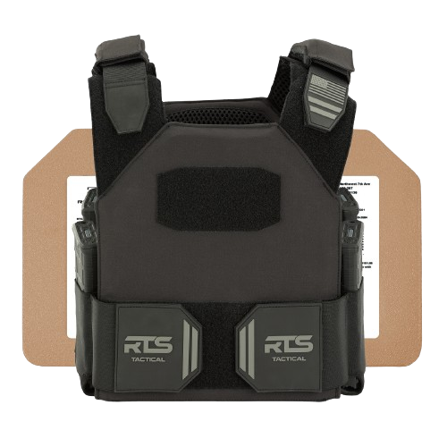 Front view of a black tactical armor vest with visible pockets and "RTS Tactical" branding, placed in front of protective plates. Rugged and durable design.