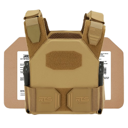 A tan tactical vest with adjustable straps, featuring two magazine pouches on the front and backed by a rectangular armor plate.