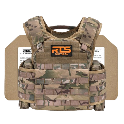 Camo-patterned tactical vest featuring heavy-duty fabric and protection plates, conveying strength and durability.
