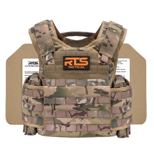Camo-patterned tactical vest featuring heavy-duty fabric and protection plates, conveying strength and durability.