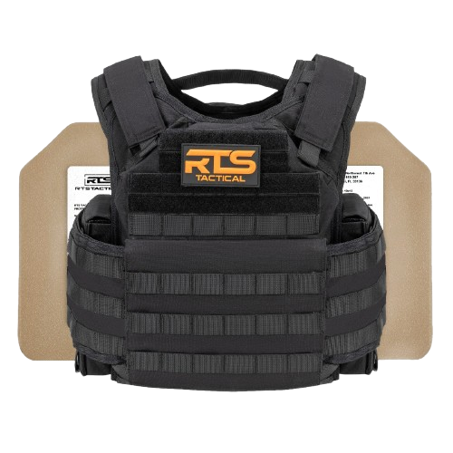 Black tactical vest with "RTS Tactical" patch, featuring armored plates behind it. The design is rugged, emphasizing safety and durability.